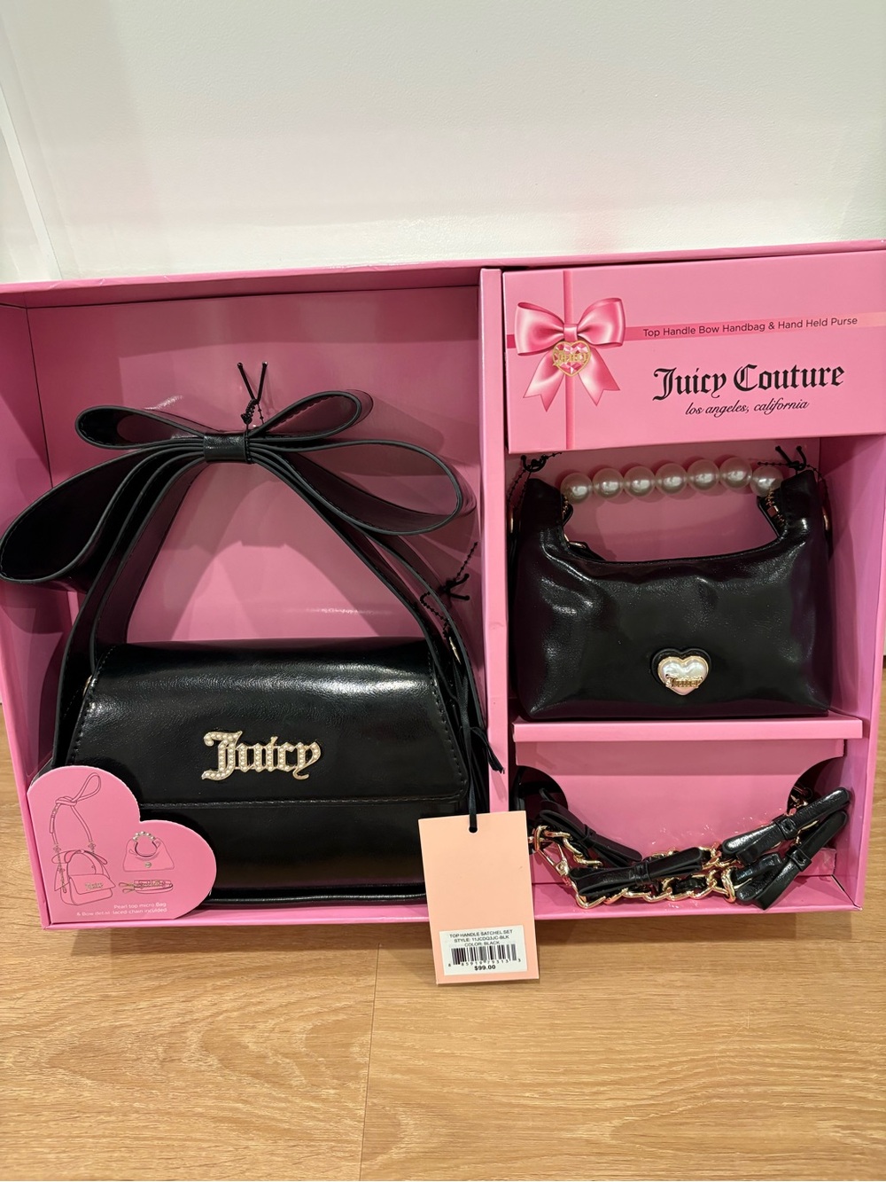 New Juicy Couture Black Shoulder Bag & Mini Pearl-Handle Purse Set